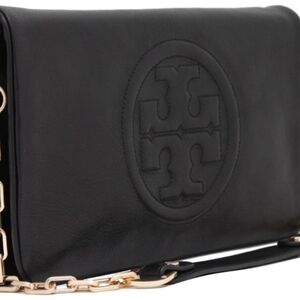 Tory Burch Bombe Reva Black Leather Clutch with Gold Chain. Pre Owned